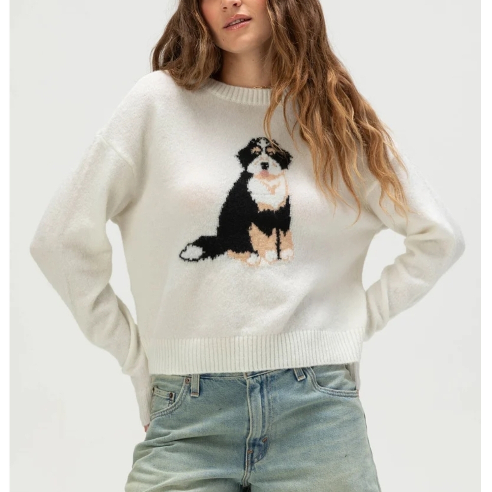 RSQ White Sweater with Dog Design Bernedoodle